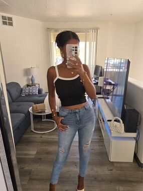 Women's Black Ribbed Tank Top with White Trim - Slim Crop
